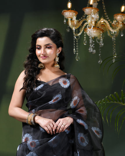 Women`s Printed Organza Saree Semi-Transparent Party, Wear organza weddings latest, Trending Daisy Flower Design Saree Fancy banarasi organza silk Black Sarees for Women for Farewell