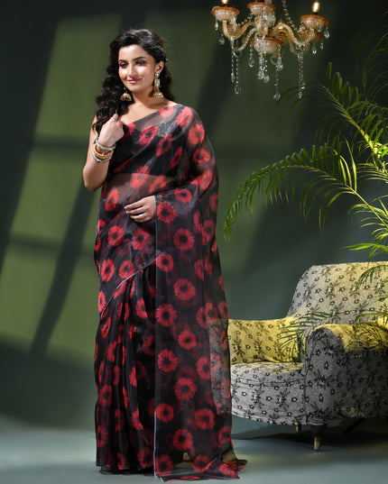 Women`s Printed Organza Saree Semi-Transparent Party, Wear organza weddings latest, Trending Red Daisy Flower Design Saree Fancy banarasi organza silk Black Saree for Women for Farewell