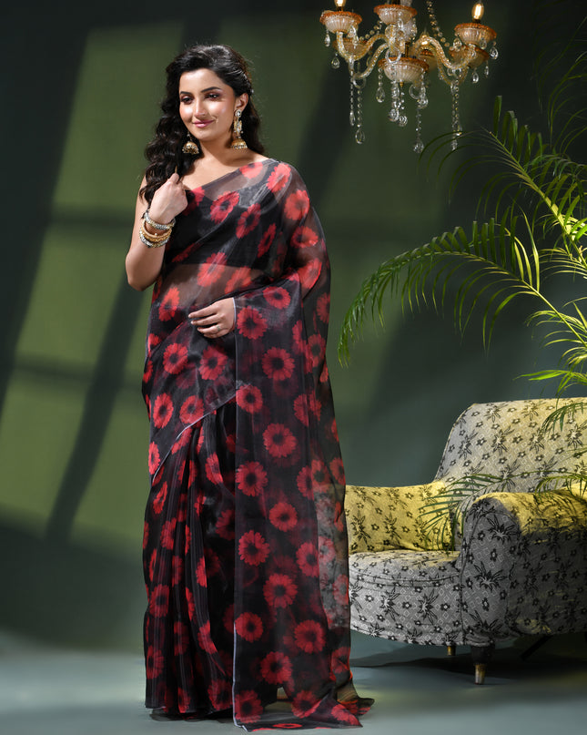 Women`s Printed Organza Saree Semi-Transparent Party, Wear organza weddings latest, Trending Red Daisy Flower Design Saree Fancy banarasi organza silk Black Saree for Women for Farewell