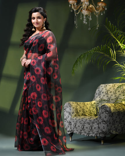 Women`s Printed Organza Saree Semi-Transparent Party, Wear organza weddings latest, Trending Red Daisy Flower Design Saree Fancy banarasi organza silk Black Saree for Women for Farewell