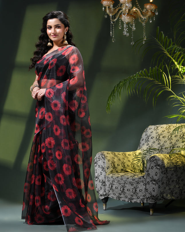 Women`s Printed Organza Saree Semi-Transparent Party, Wear organza weddings latest, Trending Red Daisy Flower Design Saree Fancy banarasi organza silk Black Saree for Women for Farewell