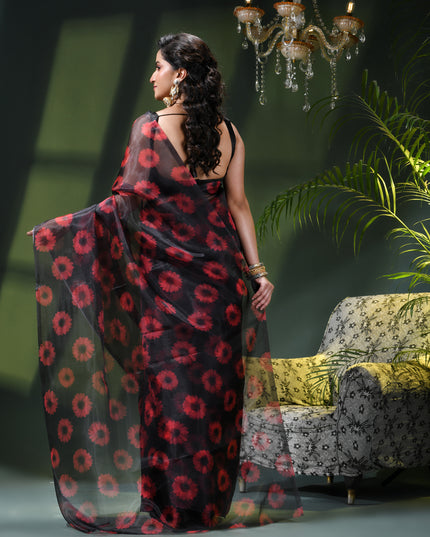 Women`s Printed Organza Saree Semi-Transparent Party, Wear organza weddings latest, Trending Red Daisy Flower Design Saree Fancy banarasi organza silk Black Saree for Women for Farewell
