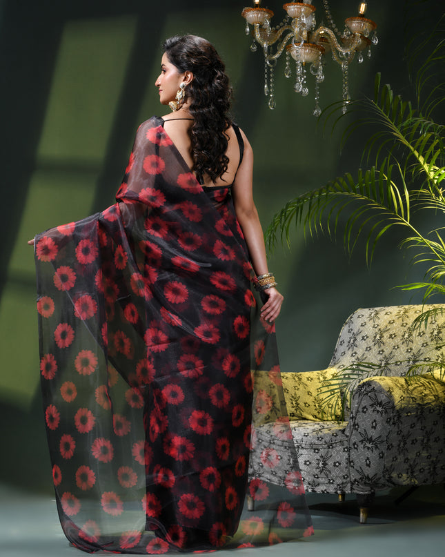 Women`s Printed Organza Saree Semi-Transparent Party, Wear organza weddings latest, Trending Red Daisy Flower Design Saree Fancy banarasi organza silk Black Saree for Women for Farewell