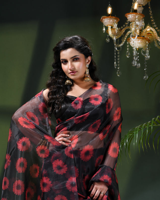 Women`s Printed Organza Saree Semi-Transparent Party, Wear organza weddings latest, Trending Red Daisy Flower Design Saree Fancy banarasi organza silk Black Saree for Women for Farewell