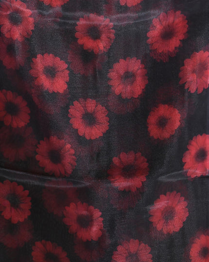 Women`s Printed Organza Saree Semi-Transparent Party, Wear organza weddings latest, Trending Red Daisy Flower Design Saree Fancy banarasi organza silk Black Saree for Women for Farewell