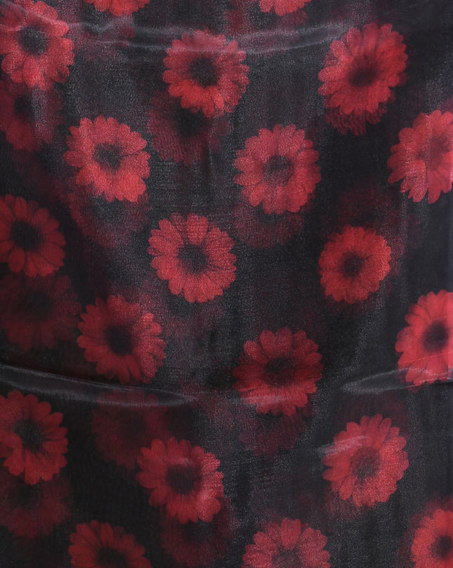 Women`s Printed Organza Saree Semi-Transparent Party, Wear organza weddings latest, Trending Red Daisy Flower Design Saree Fancy banarasi organza silk Black Saree for Women for Farewell