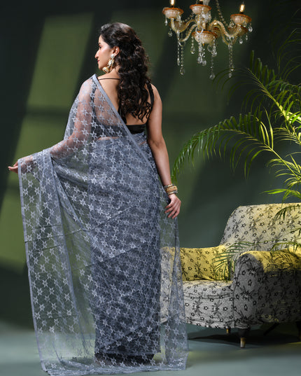 Women’s Net Sequin Embroidered saree Soft Net saree party, wear Chiffon wedding Silk georgette latest, Net sarees Heavy design Function Festive farewell saree for women (Grey)