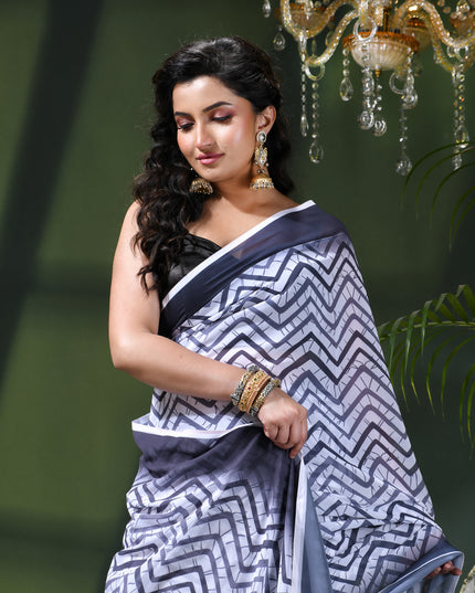 Womens georgette party, wear saree for farewell chiffon sarees women latest Rekhamaya design printed cotton New Sari chiffon silk Saree wedding saree for woman(Charcoal Grey)