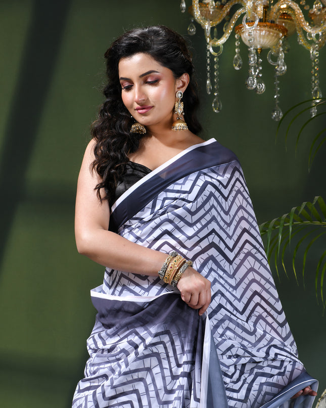 Womens georgette party, wear saree for farewell chiffon sarees women latest Rekhamaya design printed cotton New Sari chiffon silk Saree wedding saree for woman(Charcoal Grey)