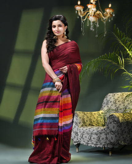 Women’s Rainbow Cotton Silk Saree for Women Latest Design Party Wear Office Wear Handloom Linen Chettinad Saree Wedding Farewell Function Wear Saree (Canbery)