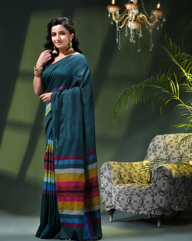 Women’s Rainbow Cotton Silk Saree for Women Latest Design Party Wear Office Wear Handloom Linen Chettinad Saree Wedding Farewell Function Wear Saree (Tute)