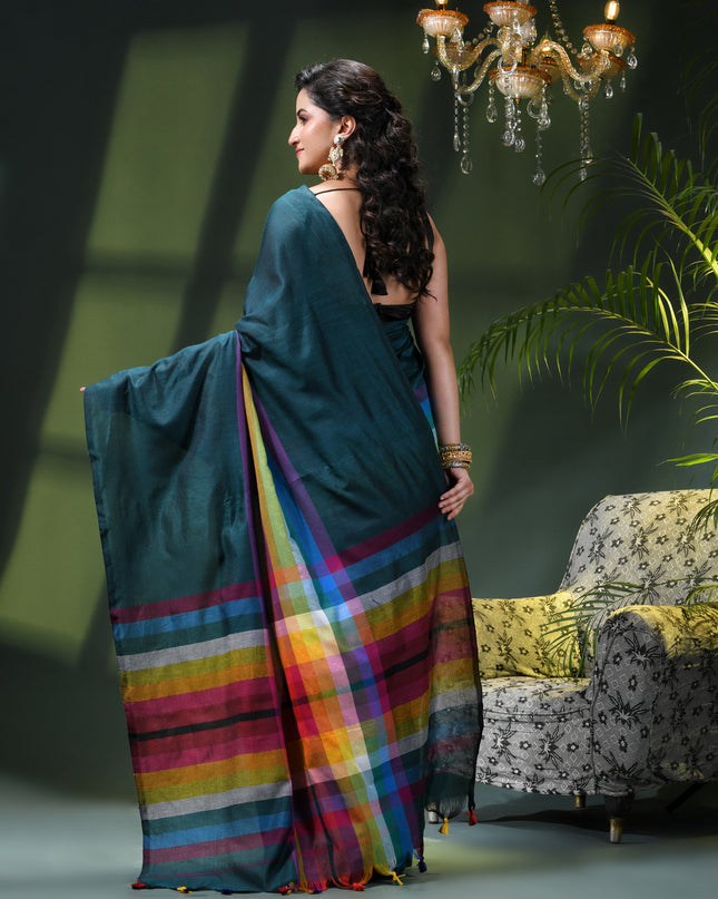 Women’s Rainbow Cotton Silk Saree for Women Latest Design Party Wear Office Wear Handloom Linen Chettinad Saree Wedding Farewell Function Wear Saree (Tute)