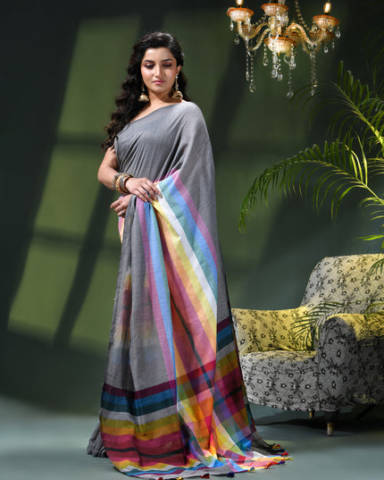 Women’s Rainbow Cotton Silk Saree for Women Latest Design Party Wear Office Wear Handloom Linen Chettinad Saree Wedding Farewell Function Wear Saree (Grey)