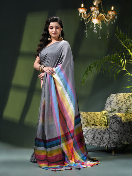 Women’s Rainbow Cotton Silk Saree for Women Latest Design Party Wear Office Wear Handloom Linen Chettinad Saree Wedding Farewell Function Wear Saree (Grey)