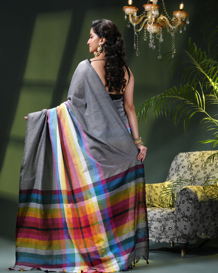 Women’s Rainbow Cotton Silk Saree for Women Latest Design Party Wear Office Wear Handloom Linen Chettinad Saree Wedding Farewell Function Wear Saree (Grey)