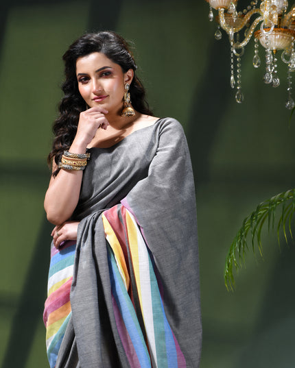 Women’s Rainbow Cotton Silk Saree for Women Latest Design Party Wear Office Wear Handloom Linen Chettinad Saree Wedding Farewell Function Wear Saree (Grey)