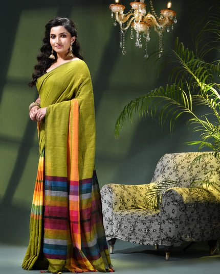 Women’s Rainbow Cotton Silk Saree for Women Latest Design Party Wear Office Wear Handloom Linen Chettinad Saree Wedding Farewell Function Wear Saree (Green)