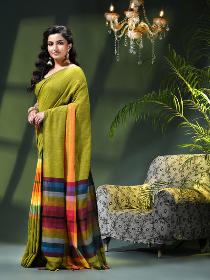 Women’s Rainbow Cotton Silk Saree for Women Latest Design Party Wear Office Wear Handloom Linen Chettinad Saree Wedding Farewell Function Wear Saree (Green)