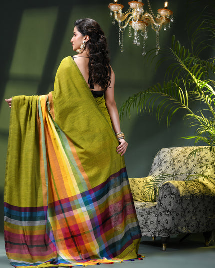 Women’s Rainbow Cotton Silk Saree for Women Latest Design Party Wear Office Wear Handloom Linen Chettinad Saree Wedding Farewell Function Wear Saree (Green)