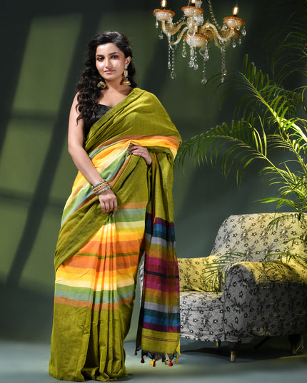 Women’s Rainbow Cotton Silk Saree for Women Latest Design Party Wear Office Wear Handloom Linen Chettinad Saree Wedding Farewell Function Wear Saree (Green)