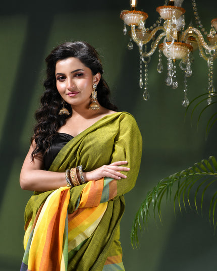Women’s Rainbow Cotton Silk Saree for Women Latest Design Party Wear Office Wear Handloom Linen Chettinad Saree Wedding Farewell Function Wear Saree (Green)