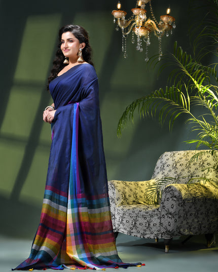 Women’s Rainbow Cotton Silk Saree for Women Latest Design Party Wear Office Wear Handloom Linen Chettinad Saree Wedding Farewell Function Wear Saree (Blue)