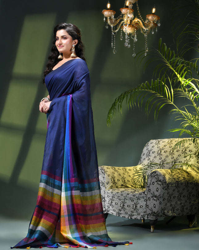 Women’s Rainbow Cotton Silk Saree for Women Latest Design Party Wear Office Wear Handloom Linen Chettinad Saree Wedding Farewell Function Wear Saree (Blue)