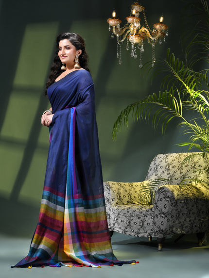Women’s Rainbow Cotton Silk Saree for Women Latest Design Party Wear Office Wear Handloom Linen Chettinad Saree Wedding Farewell Function Wear Saree (Blue)
