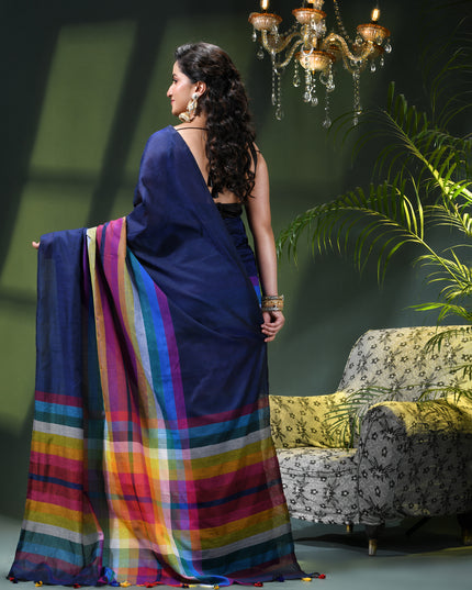 Women’s Rainbow Cotton Silk Saree for Women Latest Design Party Wear Office Wear Handloom Linen Chettinad Saree Wedding Farewell Function Wear Saree (Blue)