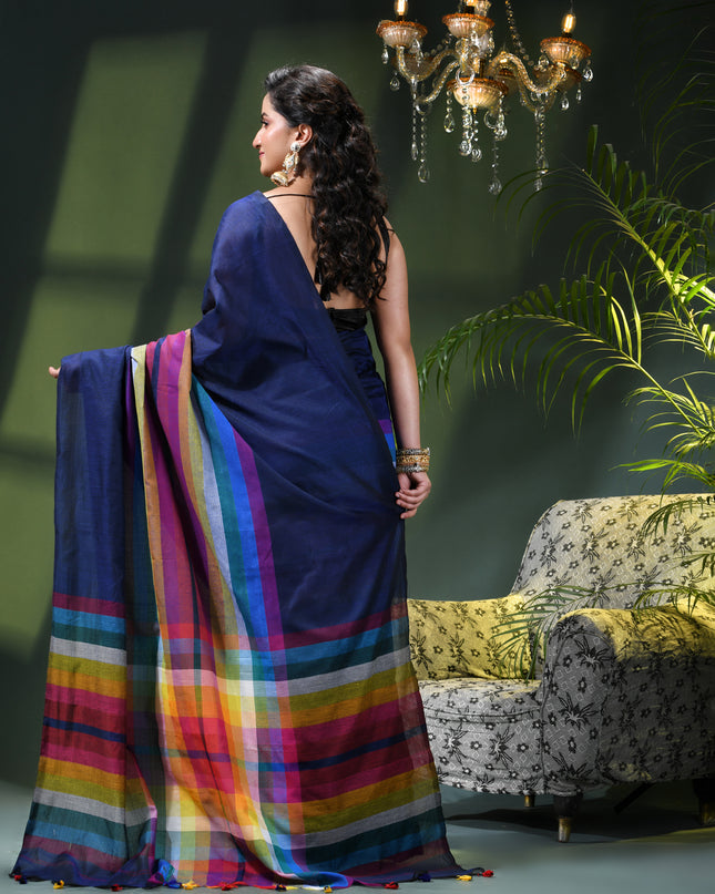 Women’s Rainbow Cotton Silk Saree for Women Latest Design Party Wear Office Wear Handloom Linen Chettinad Saree Wedding Farewell Function Wear Saree (Blue)