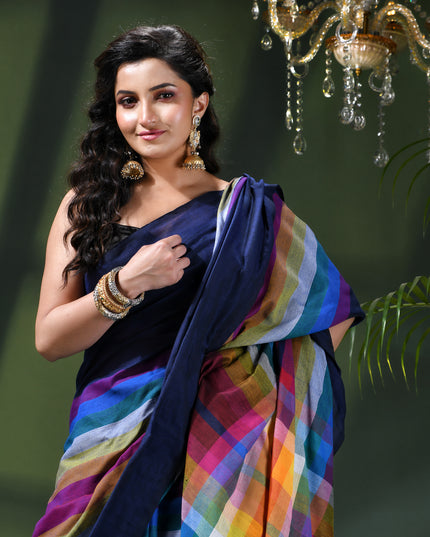 Women’s Rainbow Cotton Silk Saree for Women Latest Design Party Wear Office Wear Handloom Linen Chettinad Saree Wedding Farewell Function Wear Saree (Blue)