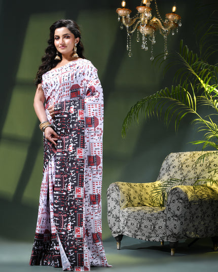 Women’s kalamkari silk sarees Fancy satin sarees for women party, wear georgette Pure latest, Printed kalamkari sarees Design Soft Trendy party, wear Silk Sarees for women (White Black)