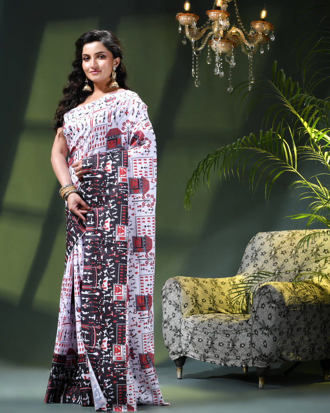 Women’s kalamkari silk sarees Fancy satin sarees for women party, wear georgette Pure latest, Printed kalamkari sarees Design Soft Trendy party, wear Silk Sarees for women (White Black)