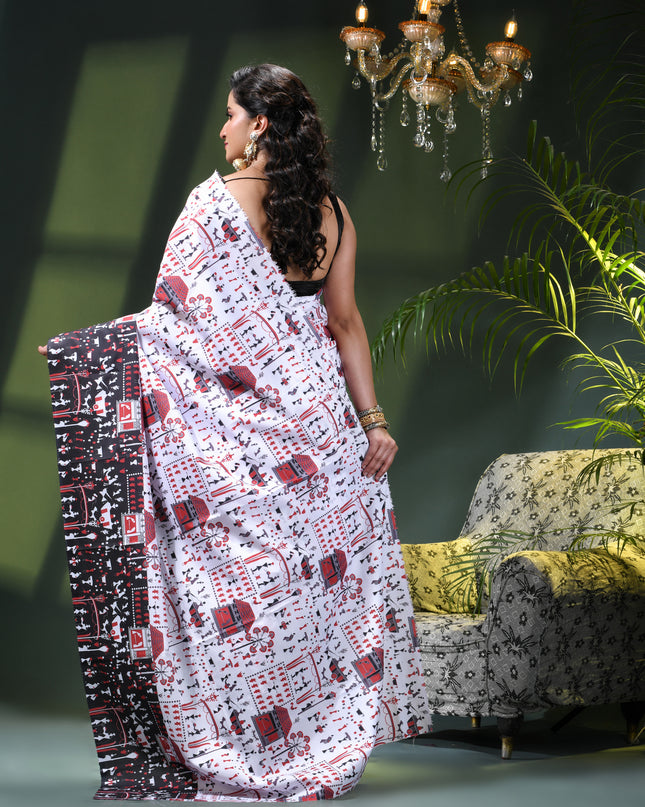 Women’s kalamkari silk sarees Fancy satin sarees for women party, wear georgette Pure latest, Printed kalamkari sarees Design Soft Trendy party, wear Silk Sarees for women (White Black)