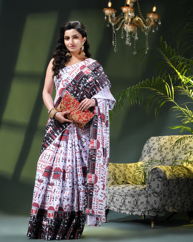 Women’s kalamkari silk sarees Fancy satin sarees for women party, wear georgette Pure latest, Printed kalamkari sarees Design Soft Trendy party, wear Silk Sarees for women (White Black)