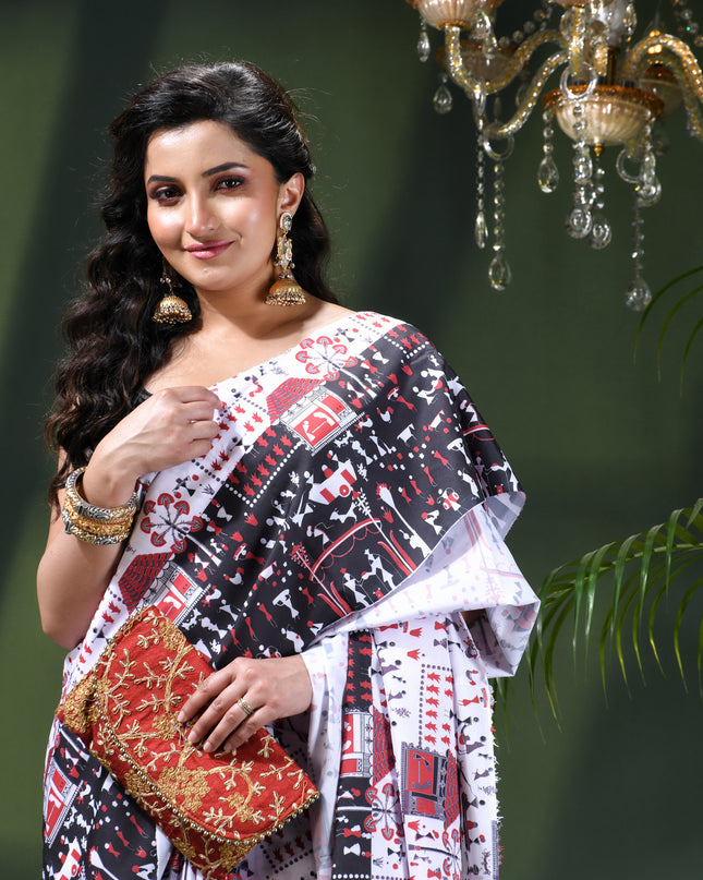 Women’s kalamkari silk sarees Fancy satin sarees for women party, wear georgette Pure latest, Printed kalamkari sarees Design Soft Trendy party, wear Silk Sarees for women (White Black)