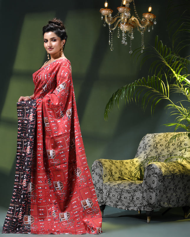 Women’s kalamkari silk sarees Fancy satin sarees for women party, wear georgette Pure latest, Printed kalamkari sarees Design Soft Trendy party, wear Silk Sarees for women (Red Black)