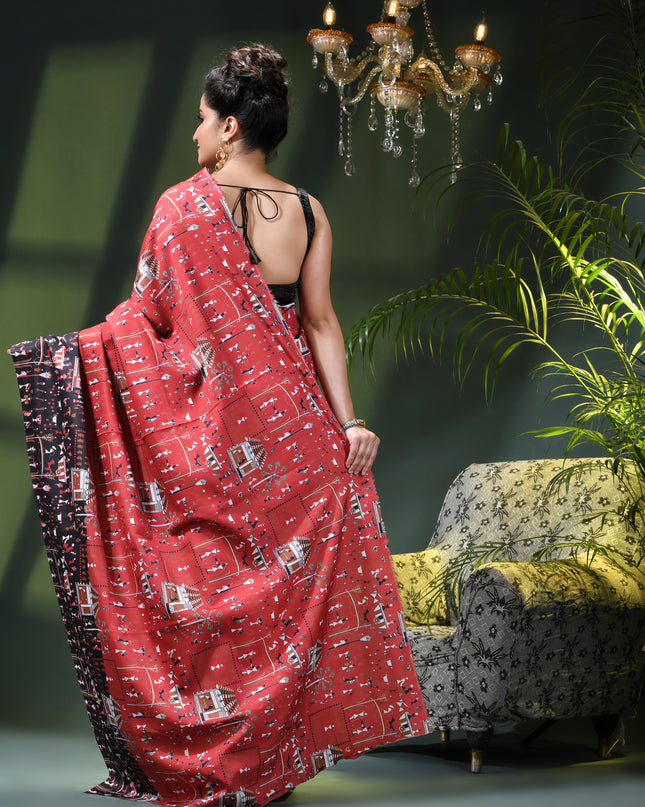 Women’s kalamkari silk sarees Fancy satin sarees for women party, wear georgette Pure latest, Printed kalamkari sarees Design Soft Trendy party, wear Silk Sarees for women (Red Black)