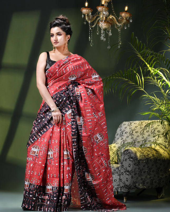 Women’s kalamkari silk sarees Fancy satin sarees for women party, wear georgette Pure latest, Printed kalamkari sarees Design Soft Trendy party, wear Silk Sarees for women (Red Black)