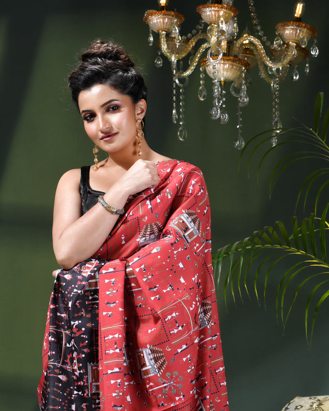 Women’s kalamkari silk sarees Fancy satin sarees for women party, wear georgette Pure latest, Printed kalamkari sarees Design Soft Trendy party, wear Silk Sarees for women (Red Black)