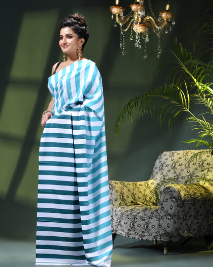 Women’s Silk Fancy party, wear saree chiffon georgette Pure crepe sarees for women latest, Suhasini Plain Printed Soft silk Festive wedding Saree With Blouse Piece (Blue Sea Green Strip)