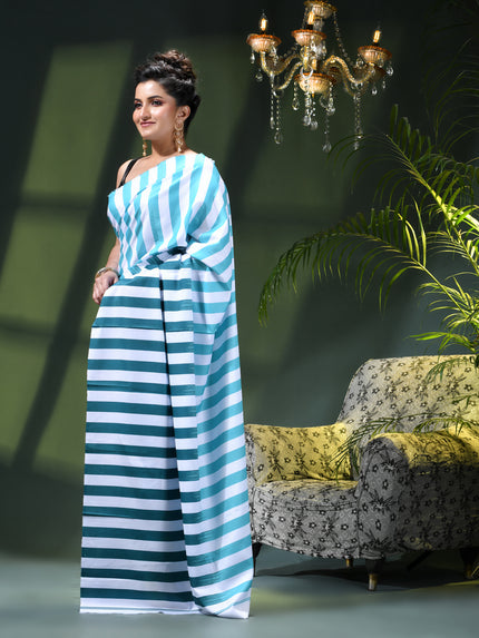 Women’s Silk Fancy party, wear saree chiffon georgette Pure crepe sarees for women latest, Suhasini Plain Printed Soft silk Festive wedding Saree With Blouse Piece (Blue Sea Green Strip)