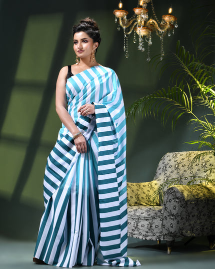 Women’s Silk Fancy party, wear saree chiffon georgette Pure crepe sarees for women latest, Suhasini Plain Printed Soft silk Festive wedding Saree With Blouse Piece (Blue Sea Green Strip)