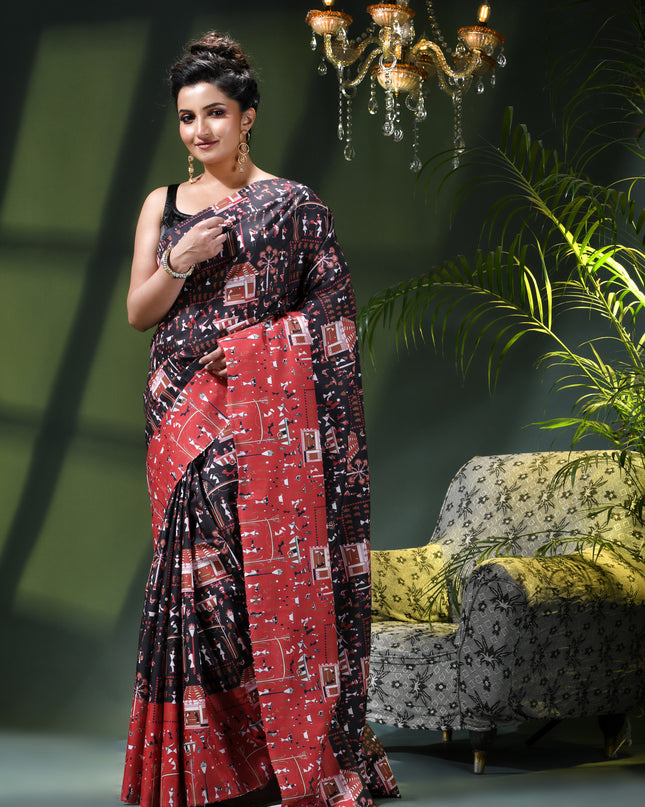 Women’s kalamkari silk sarees Fancy satin sarees for women party, wear georgette Pure latest, Printed kalamkari sarees Design Soft Trendy party, wear Silk Sarees for women (Black Red)