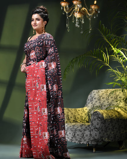 Elegant Black and Red Printed Kalamkari Silk Saree