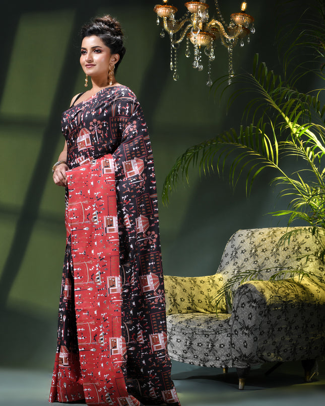 Women’s kalamkari silk sarees Fancy satin sarees for women party, wear georgette Pure latest, Printed kalamkari sarees Design Soft Trendy party, wear Silk Sarees for women (Black Red)