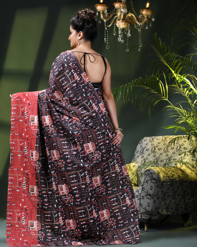 Women’s kalamkari silk sarees Fancy satin sarees for women party, wear georgette Pure latest, Printed kalamkari sarees Design Soft Trendy party, wear Silk Sarees for women (Black Red)