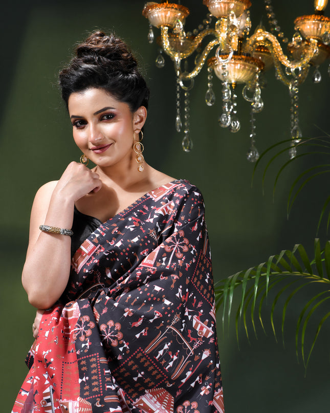 Women’s kalamkari silk sarees Fancy satin sarees for women party, wear georgette Pure latest, Printed kalamkari sarees Design Soft Trendy party, wear Silk Sarees for women (Black Red)