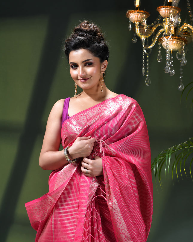 Women`s Tissue silk sarees for women latest, design Cotton sari Kanak zari New, Design golden Kora tissue banarasi New Farewell wedding kanjivaram silk party, wear saree (Pink)