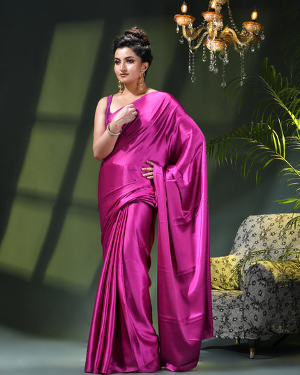 Women`s Soft Satin Silk Plain Saree for wedding, party, wear saree for women latest, design saree Satin Pure silk Crepe farewell party, wear dress Collection Plain sarees (Pink)